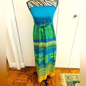 Blue and Yellow Strapless Maxi Dress